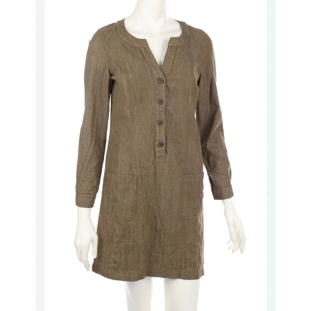 Boden Denim Mini Dress 8R Brown 100% Cotton Button Up Shift Tunic Natural WH443 - Picture 3 of 13